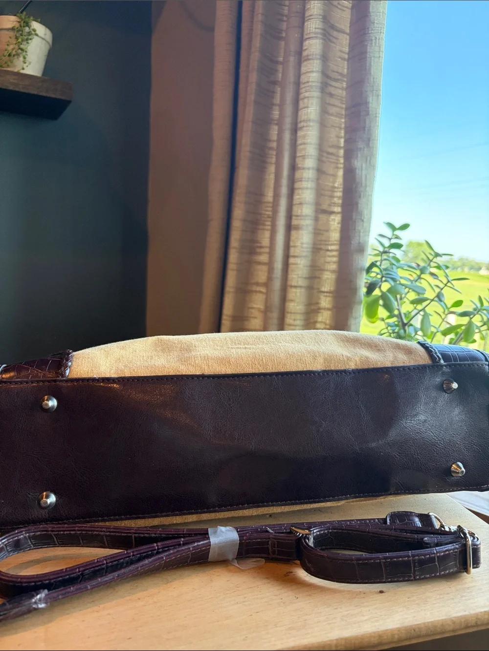 Vintage Bueno Beige Canvas Brown Leather Laptop Travel Shoulder Handbag